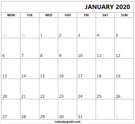 Editable Calendar January 2020 Template 