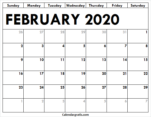 2020 February month calendar template to print