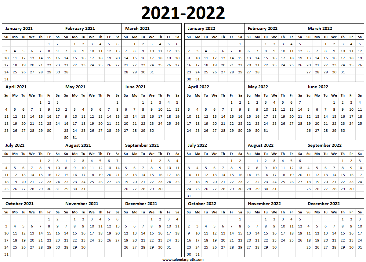 Two Year 2021 2022 Calendar Printable