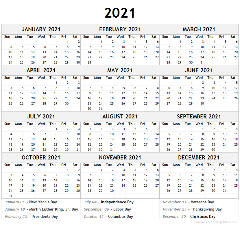 2021 Calendar with Holidays in United States (USA)
