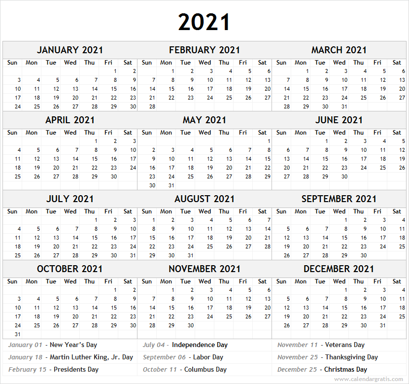 2021 Calendar With Holidays Usa