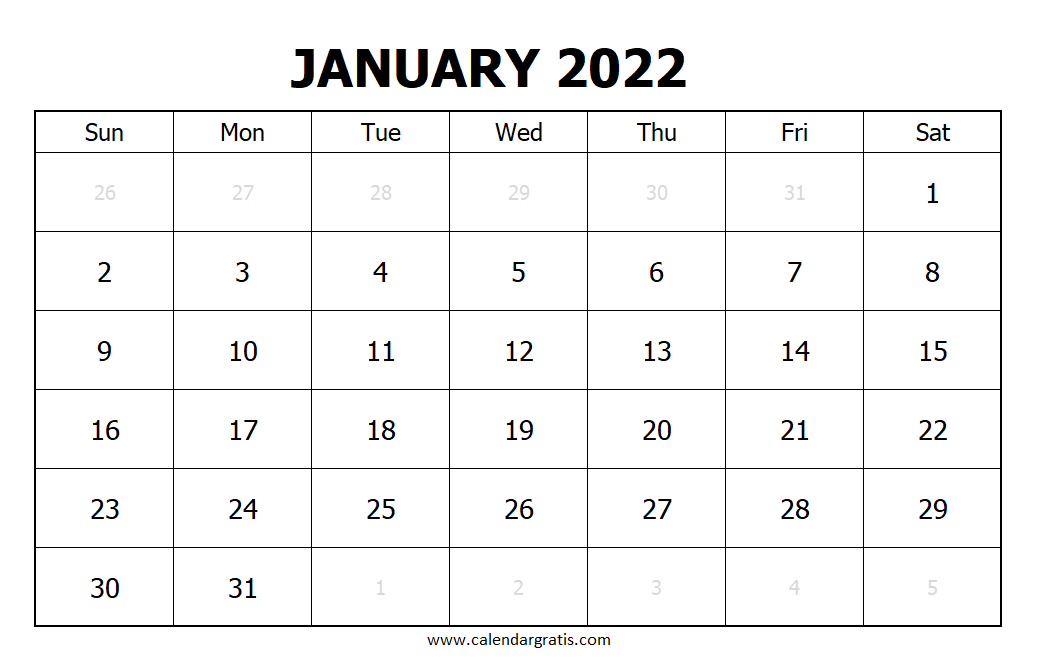 Free Printable January 2022 Calendar Template Sunday Start
