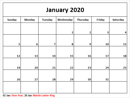 January 2020 US Holidays