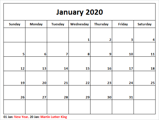 Printable Calendar 2020 Template, Holidays 