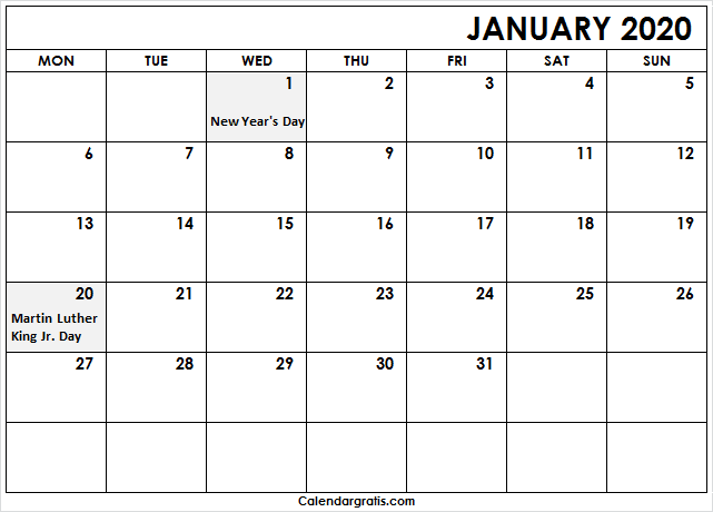Printable January 2020 Calendar Template 