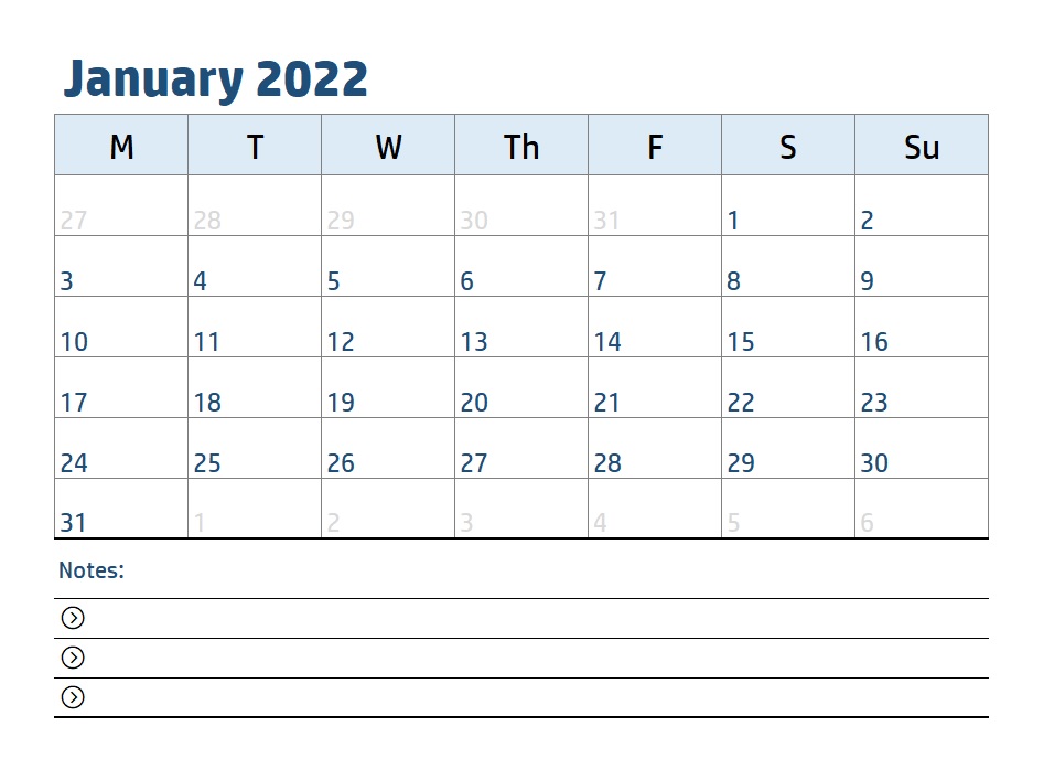 January Calendar 2022 Template with Notes