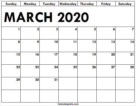 Third Month of Year 2020 starting from Sunday