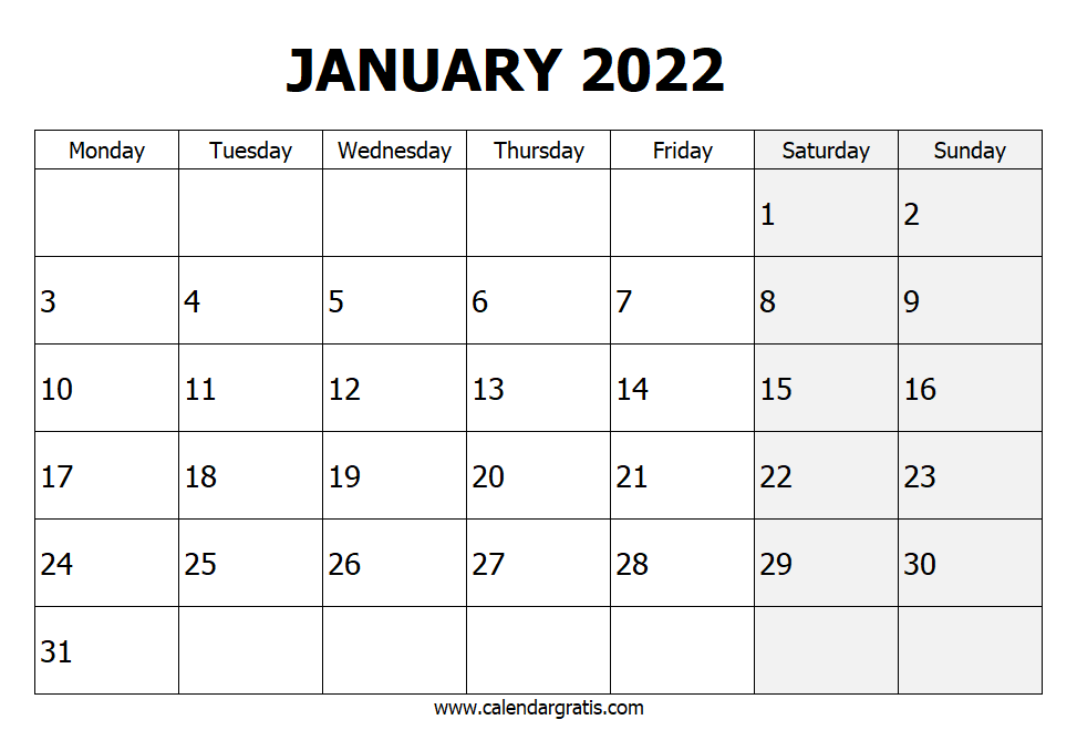 Printable Calendar January 2022 Monday Start