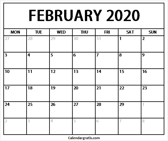 Printable February 2020 Calendar Template