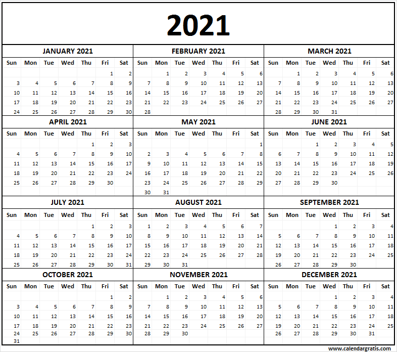 Printable calendar 2021 template free with all months