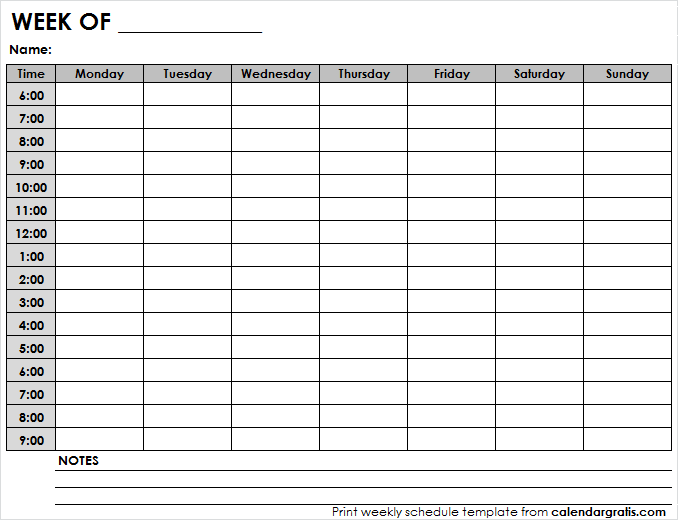 Week hourly schedule planner with notes and name