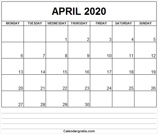 April month calendar 2020 with notes