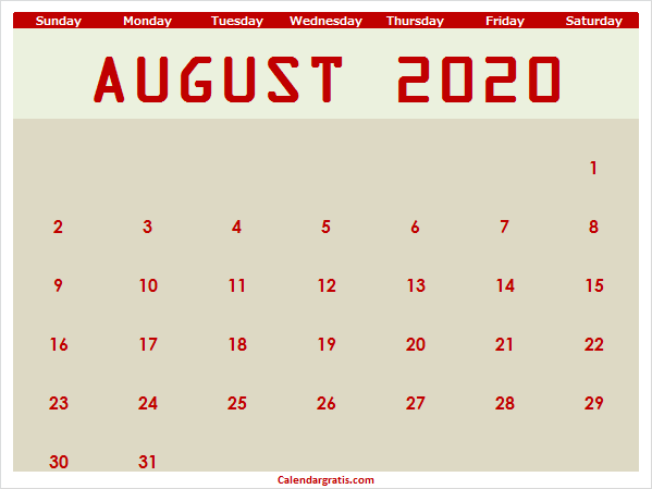 Cute August Month Calendar 2020
