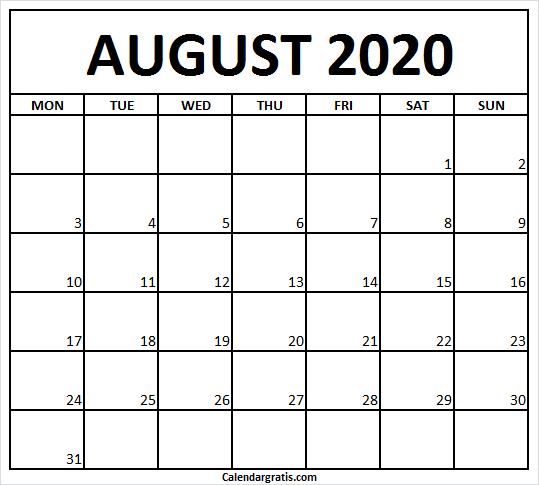 Blank Aug 2020 Calendar Image