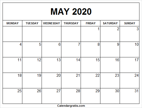 Blank May 2020 Sunday start calendar template