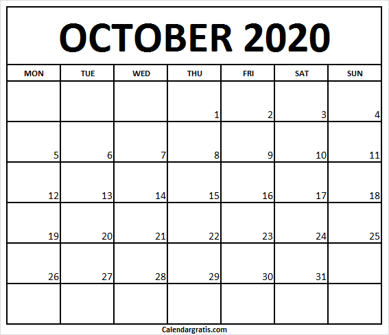 Blank free Oct calendar 2020 template