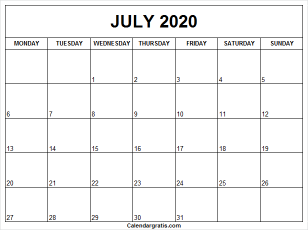 July 2020 Printable Calendar PNG