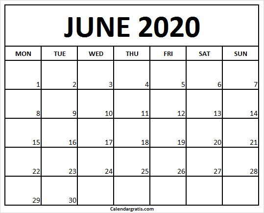 June 2020 printable calendar Monday start