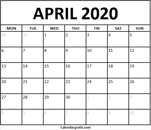 April 2020 Printable Calendar Monday Start