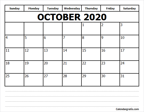 October 2020 calendar template with Notes