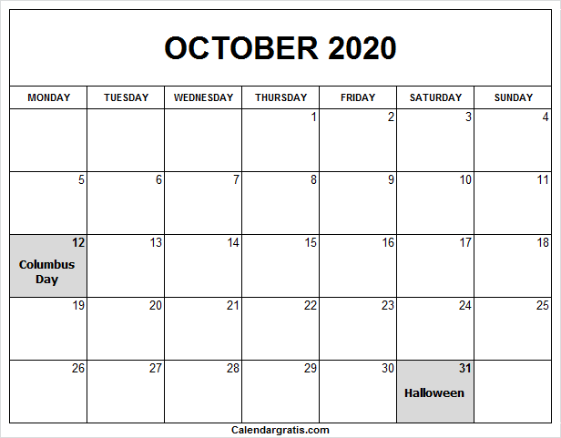 Printable October 2020 Calendar Template With Holidays Notes Festivals 