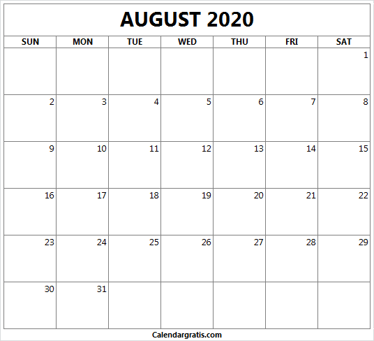 Printable August 2020 calendar template