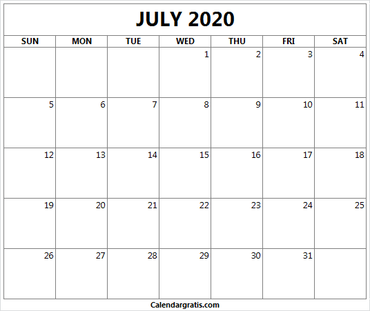 Printable July 2020 Calendar Template