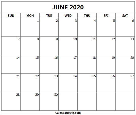 Printable June 2020 calendar template free