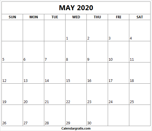 Printable May 2020 calendar template design with short numbers