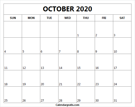 Printable October 2020 calendar template Sunday start