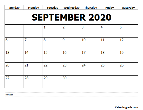 September 2020 printable calendar with notes