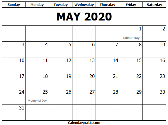 Printable May 2020 Calendar Template | May 2020 Holidays USA, UK