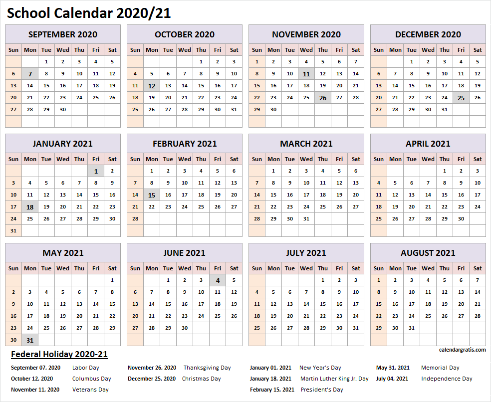 2020 and 2021 School Calendar Federal Holidays