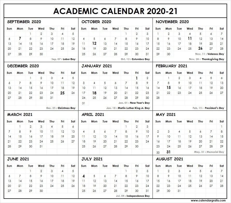 Academic Calendar 2020-2021 USA