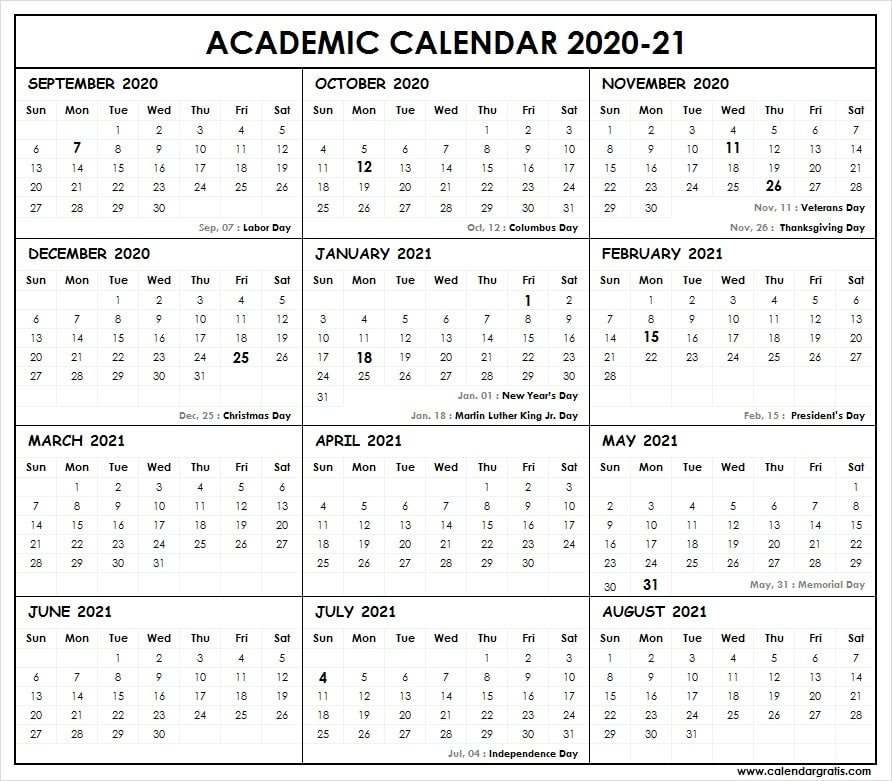 2020-2021 School Calendar Template | Academic Calendar 2020/21