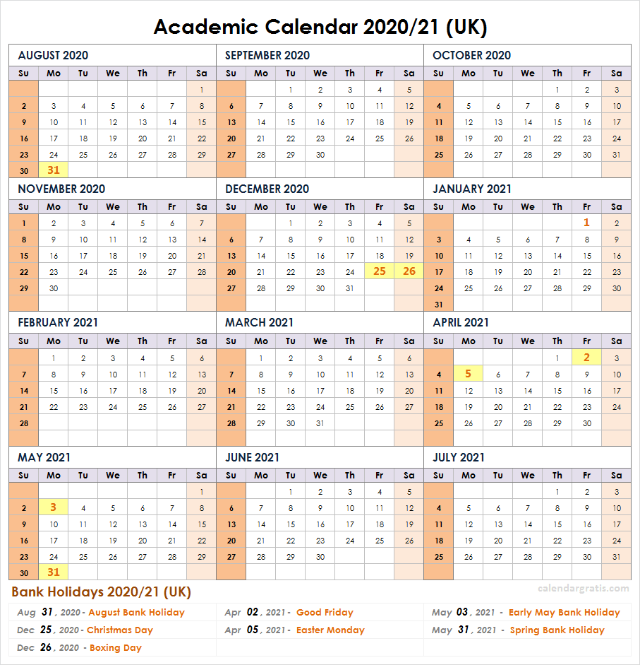 Academic Calendar 2020 2021 United Kingdom