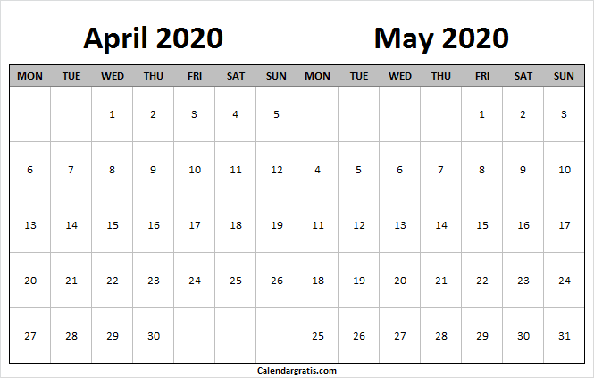 April May 2020 calendar template printable