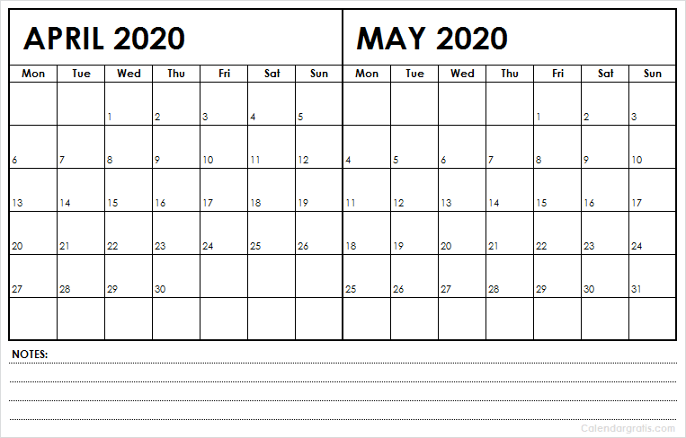 April and May two month calendar 2020 with notes