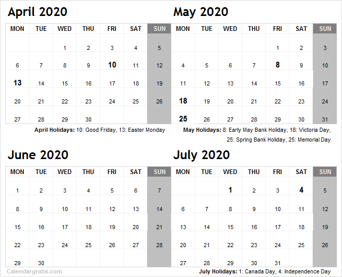 April to July 2020 holidays calendar for USA UK Canada