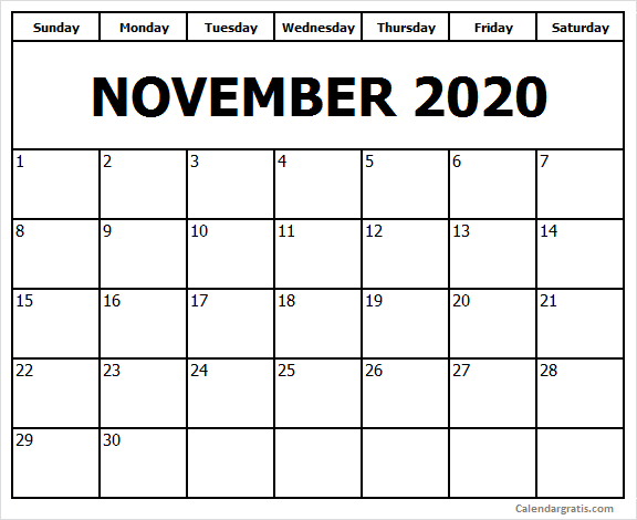 Blank calendar November 2020 excel template