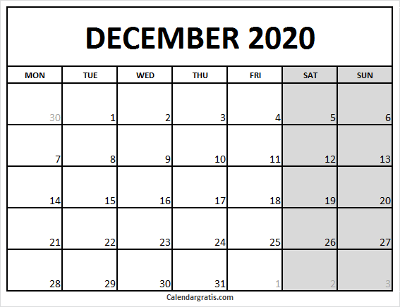 December 2020 calendar Monday to Friday
