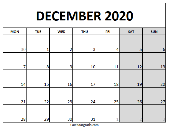 Printable December 2020 Calendar Template 