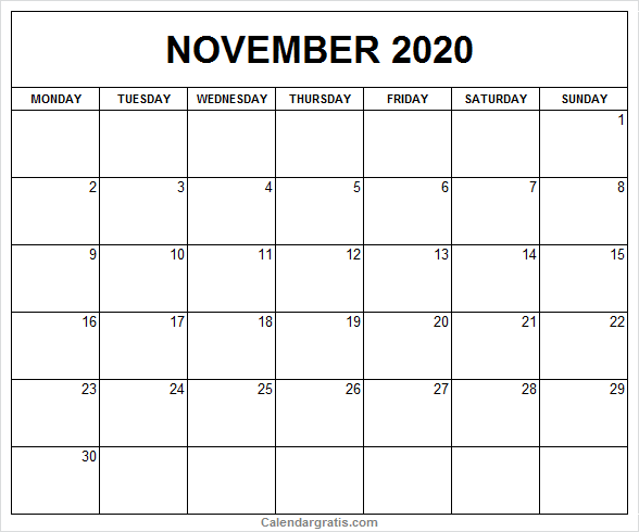 Free 2020 November calendar print