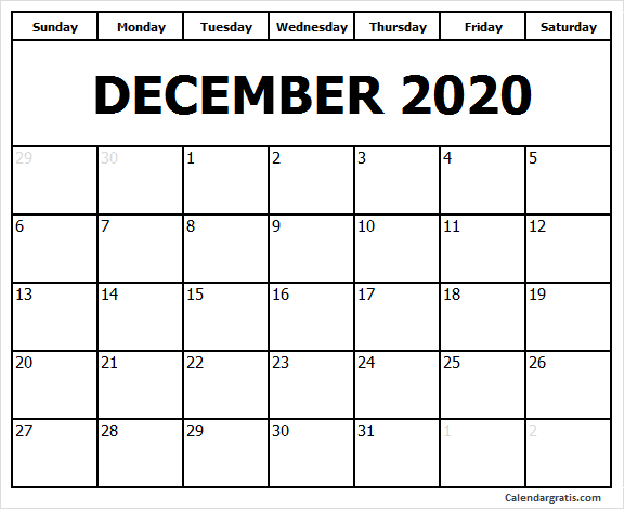 Free printable calendar December 2020 Sunday start
