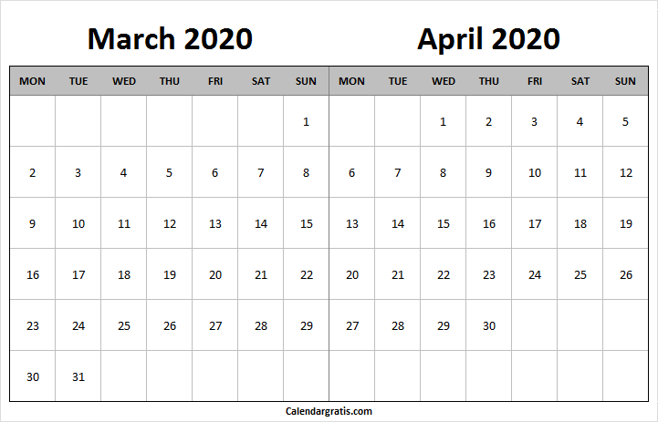March April 2020 calendar template Monday start
