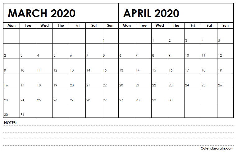 March and April calendar 2020 with Notes