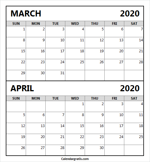 March April 2020 Calendar Printable Template Notes Two Month Calendar