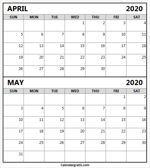 April May 2020 Calendar Printable Template 