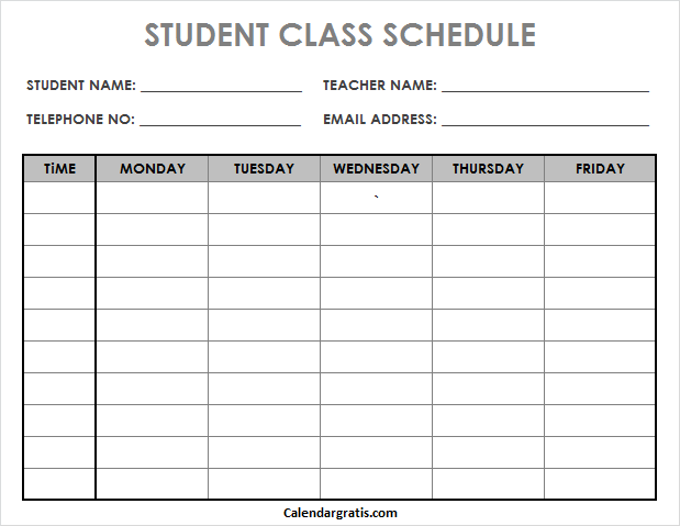 Student Class Schedule Template Printable