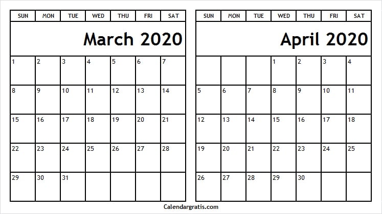 Two month calendar template of March and April 2020